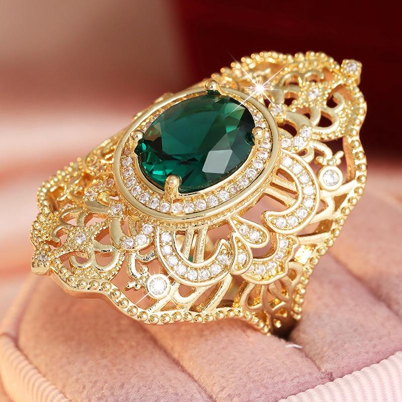 Dazzling Inlaid White Green CZ Hollow Women's Ring Vintage Gold Color Hand Carving Daily Wear Party Jewelry Anniversary Gift