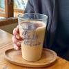 Große, hochtemperaturbeständige Borosilikatglas-Kaffeetasse mit blauer Beschriftung