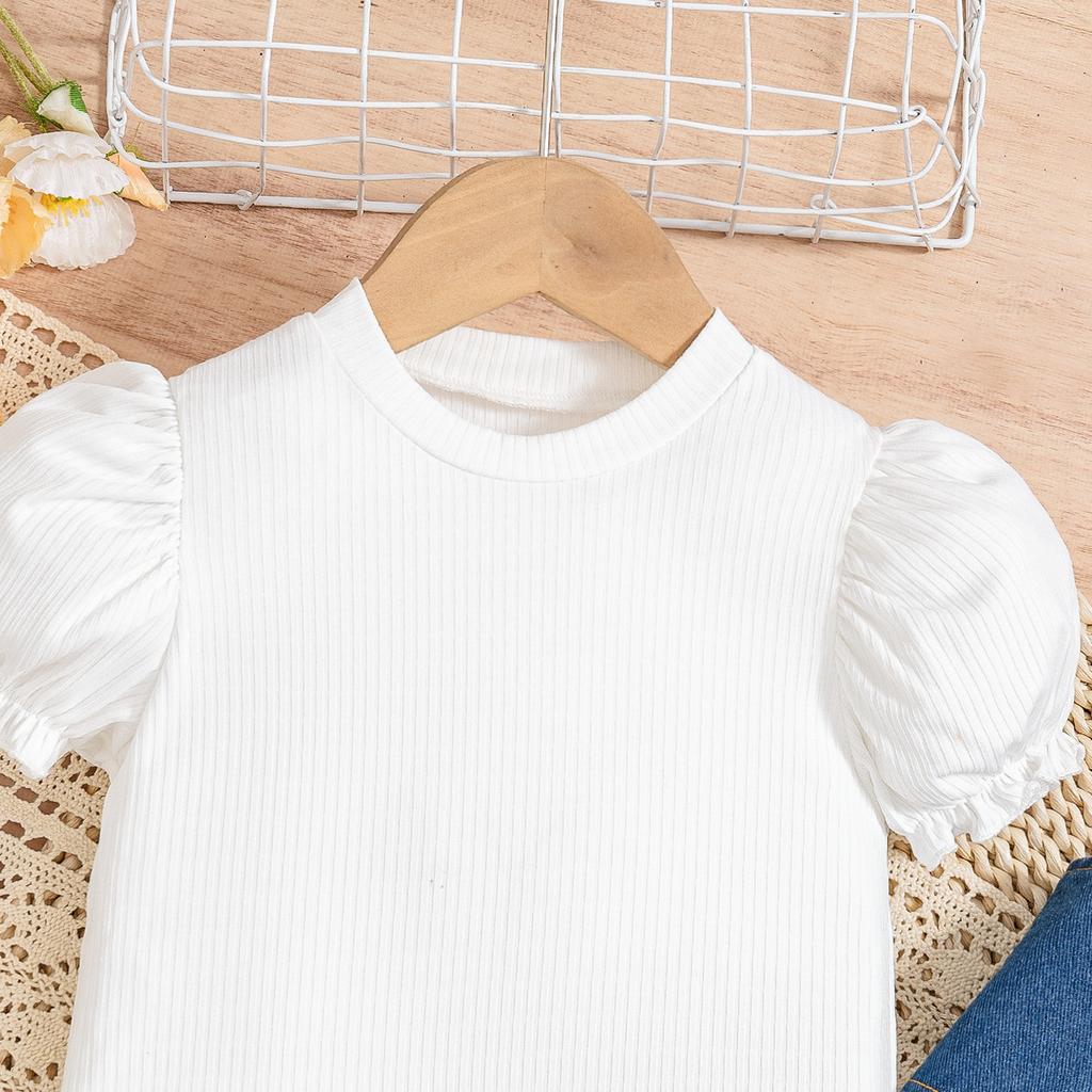 Girls' Fashionable Set Summer Children's Casual Puffed-sleeve Short-sleeved Vest and Denim Trousers Three-piece Set