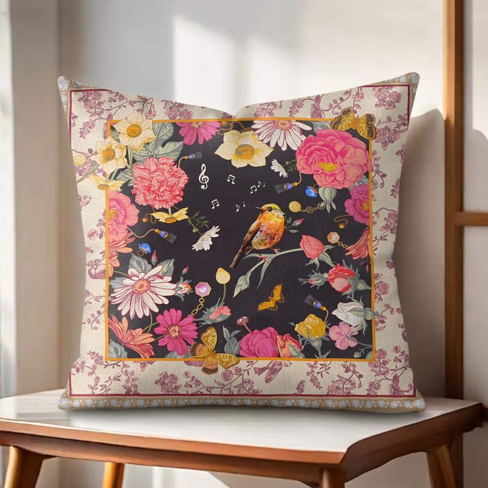 Pink Retro Flowers Cushion Cover Natural Linen Organic Fabric DoubleSided Printing Couch Pillow Covers Home Decor