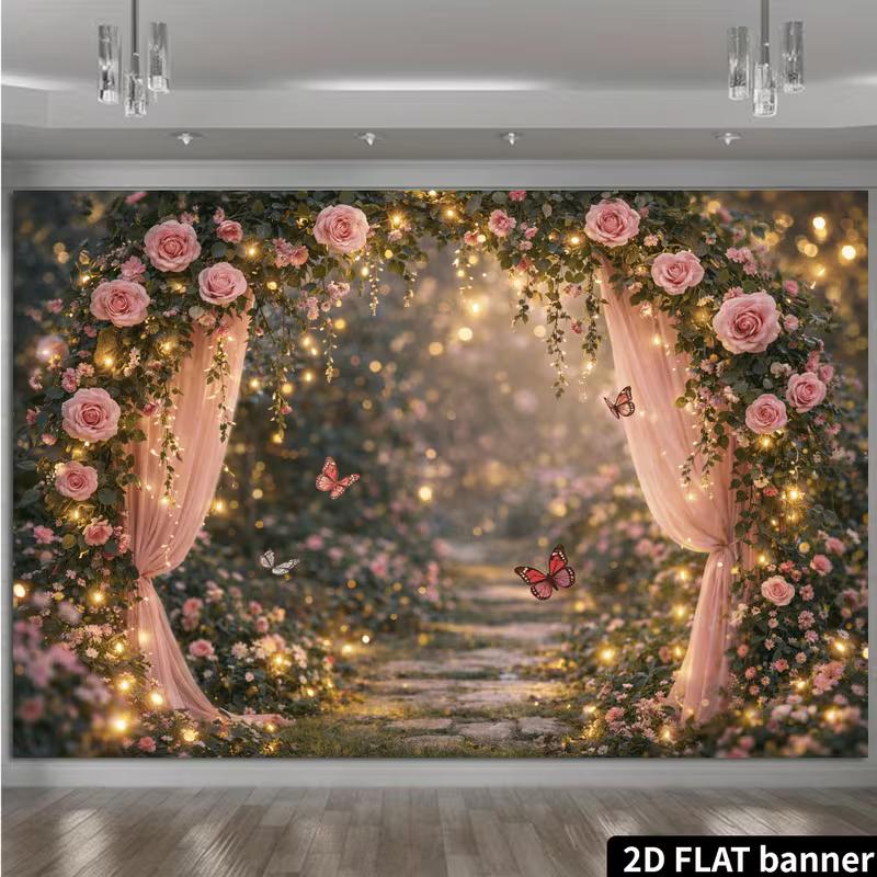 2D Enchanted Garden Backdrop with Pink Roses and Butterflies Background Cloth 47.2x31.5inch/120*80cm