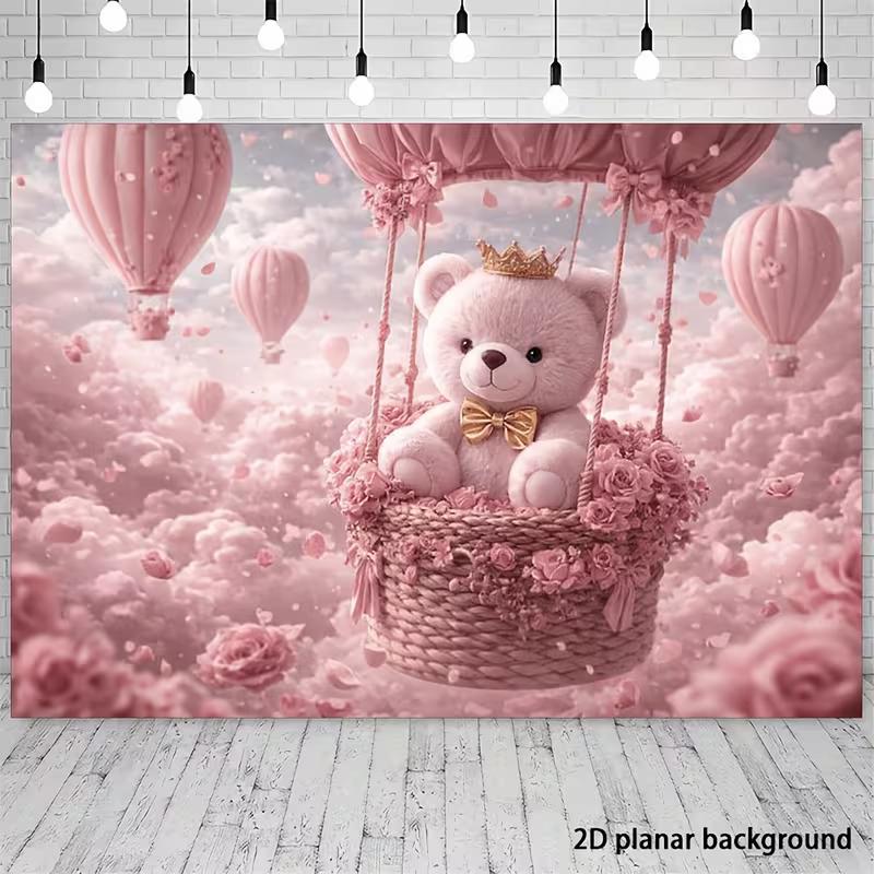 2D Pink Teddy Bear Hot Air Balloon Backdrop Photography Background