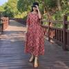 2025 Summer New Floral Cotton and Linen Dress Women's Loose Large Size Round Neck Five-quarter Sleeve Printed Medium and Long Skirt