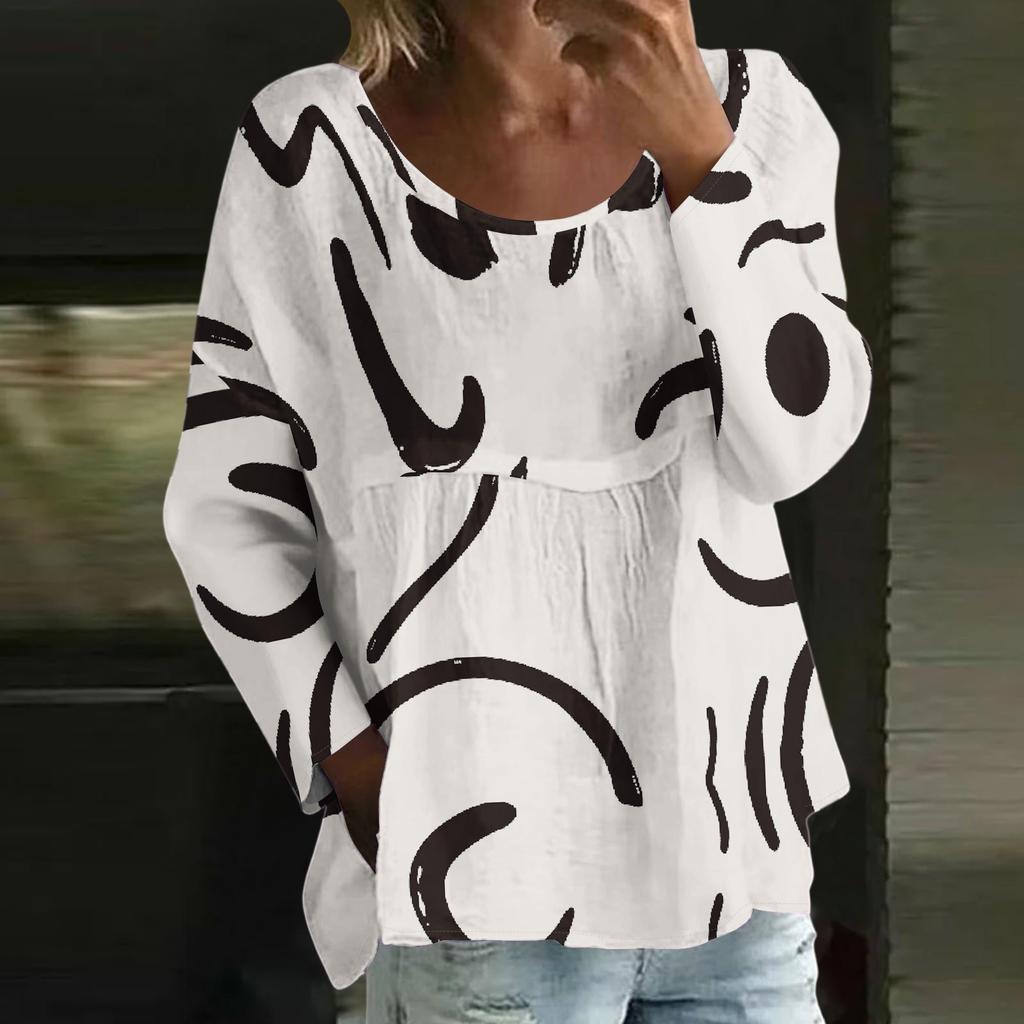 Haut décontracté pour femme à la mode, ample, col rond, imprimé floral, manches longues