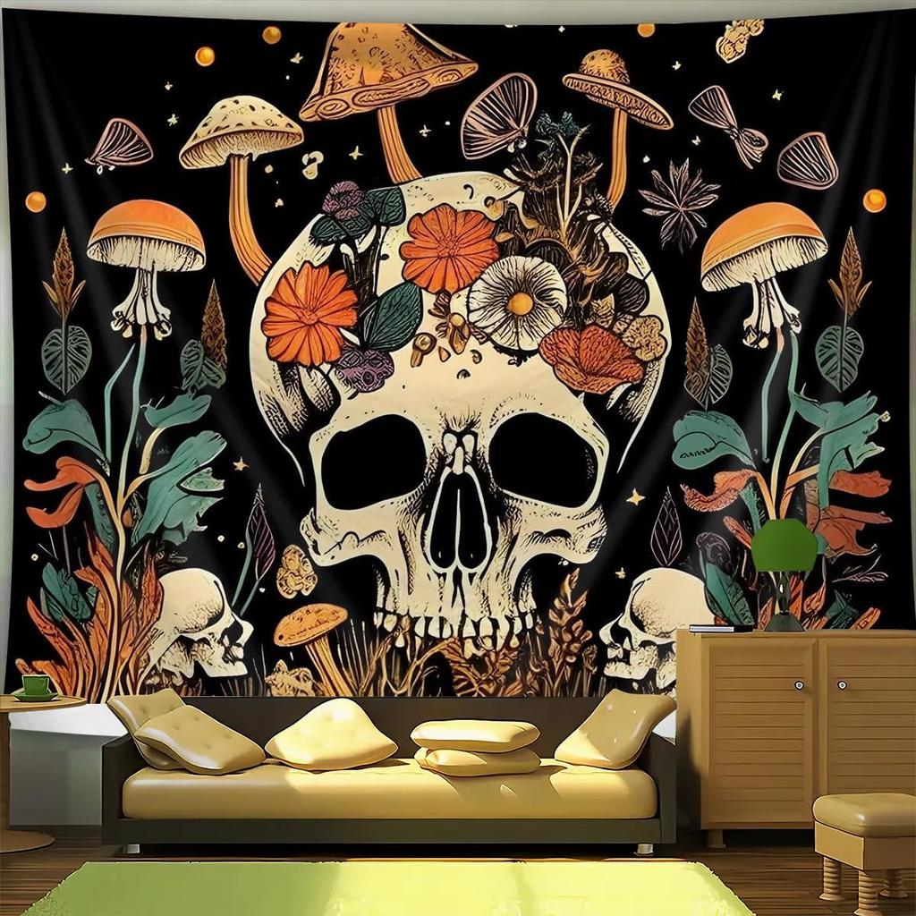 Cartoon Skull Floral Tapestry, Mushroom Leaves Skeleton Goth Garden Aesthetic Tapestries For Bedroom Game Room College