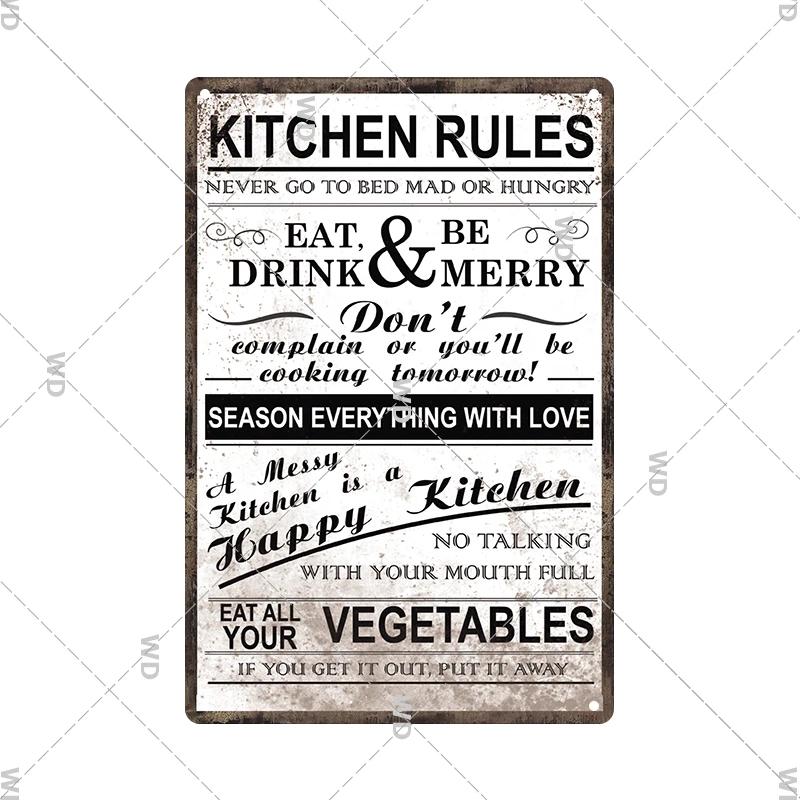 Retro Plåtskylt Köksregler Mat Järnmålning Väggkonst Metall Vintage Plakett Metallaffischer för Hus Hem Matsal Dekor