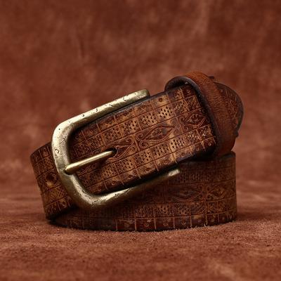 Personalized Embossed Belt Men's Thickened and Extra Thick Genuine Cattlehide Leather Surface Retro Washed Distressed Casual Brass Buckle Belt