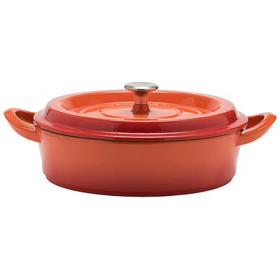 Gusstopf, 24 cm, flach, orangefarbener Guss-Emaille-Topf, wasserloses Kochen, Dampfzirkulation, Emaille-Verarbeitung außen, spezielle matte Emaille-Verarbeitung innen