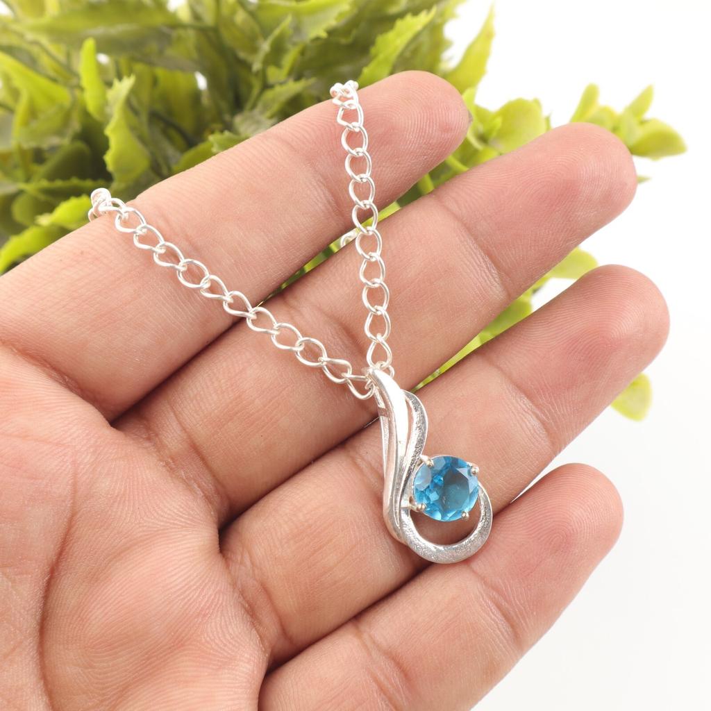 Natural Swiss Blue Topaz  Gemstone 925 Sterling Silver Jewelry Women Pendant 1" CP-24-3