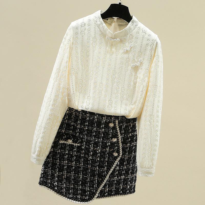 Chinese Style Plus Velvet Lace Base Blouse for Women Latest Chinese Stand-up Collar Button Top Chic Small Blouse