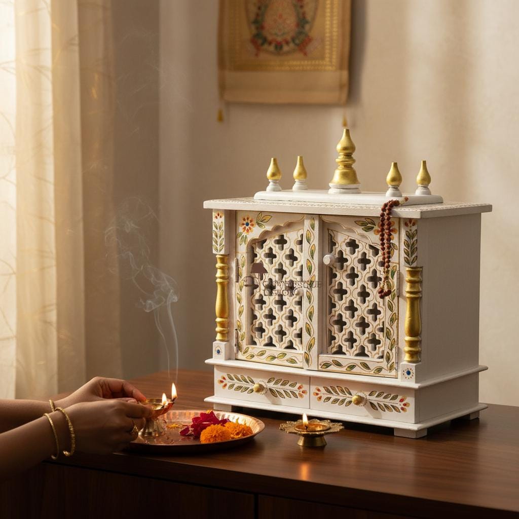 

Wooden Temple, Indian Painted Wall Mandir Pooja Stand with Drawers Desk, Office and Home Religion Traditional Home Mandir for Pooja Room