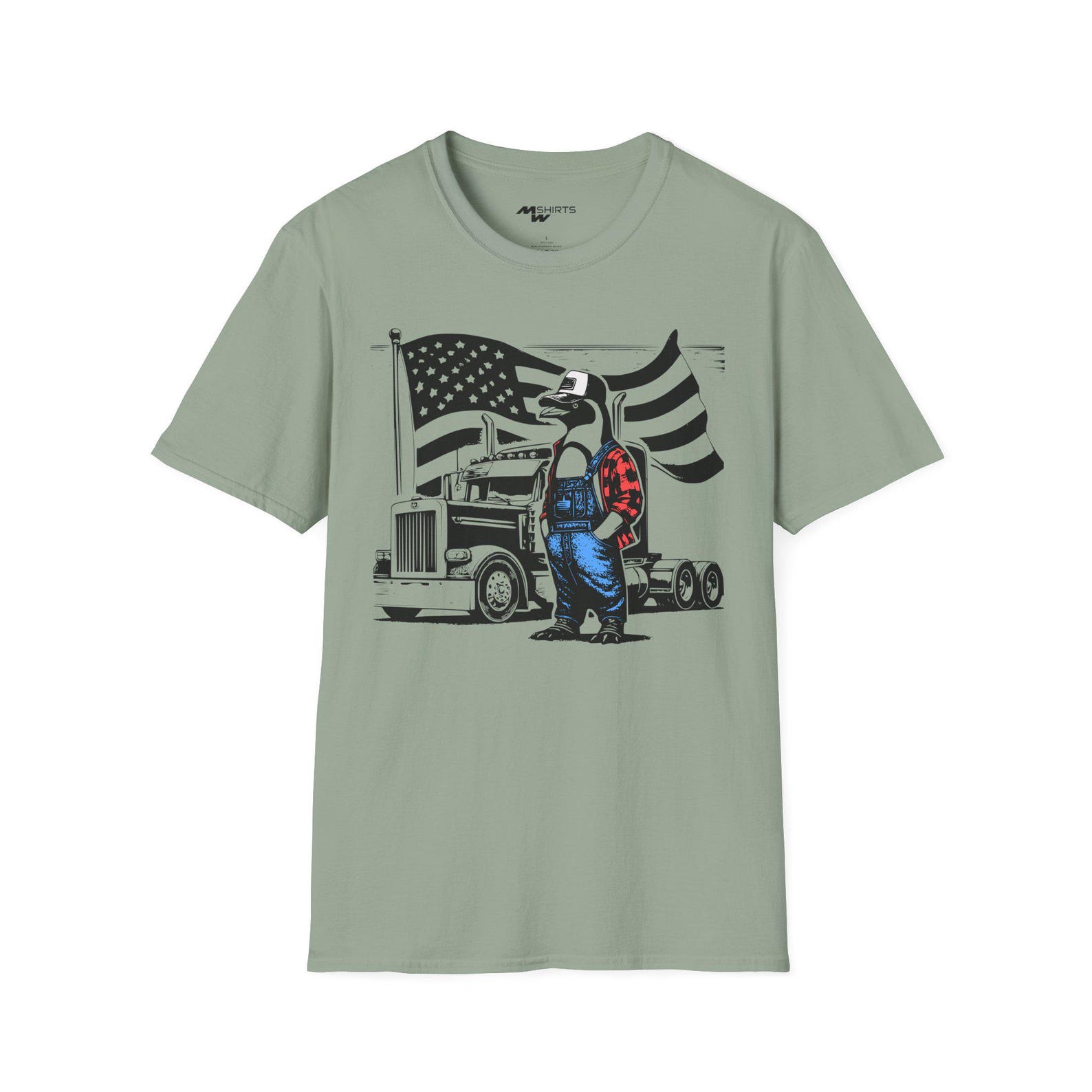 Vintage Trucker Penguin T-Shirt - Semi-Truck & American Flag Design/ Unisex Softstyle T-Shirt S