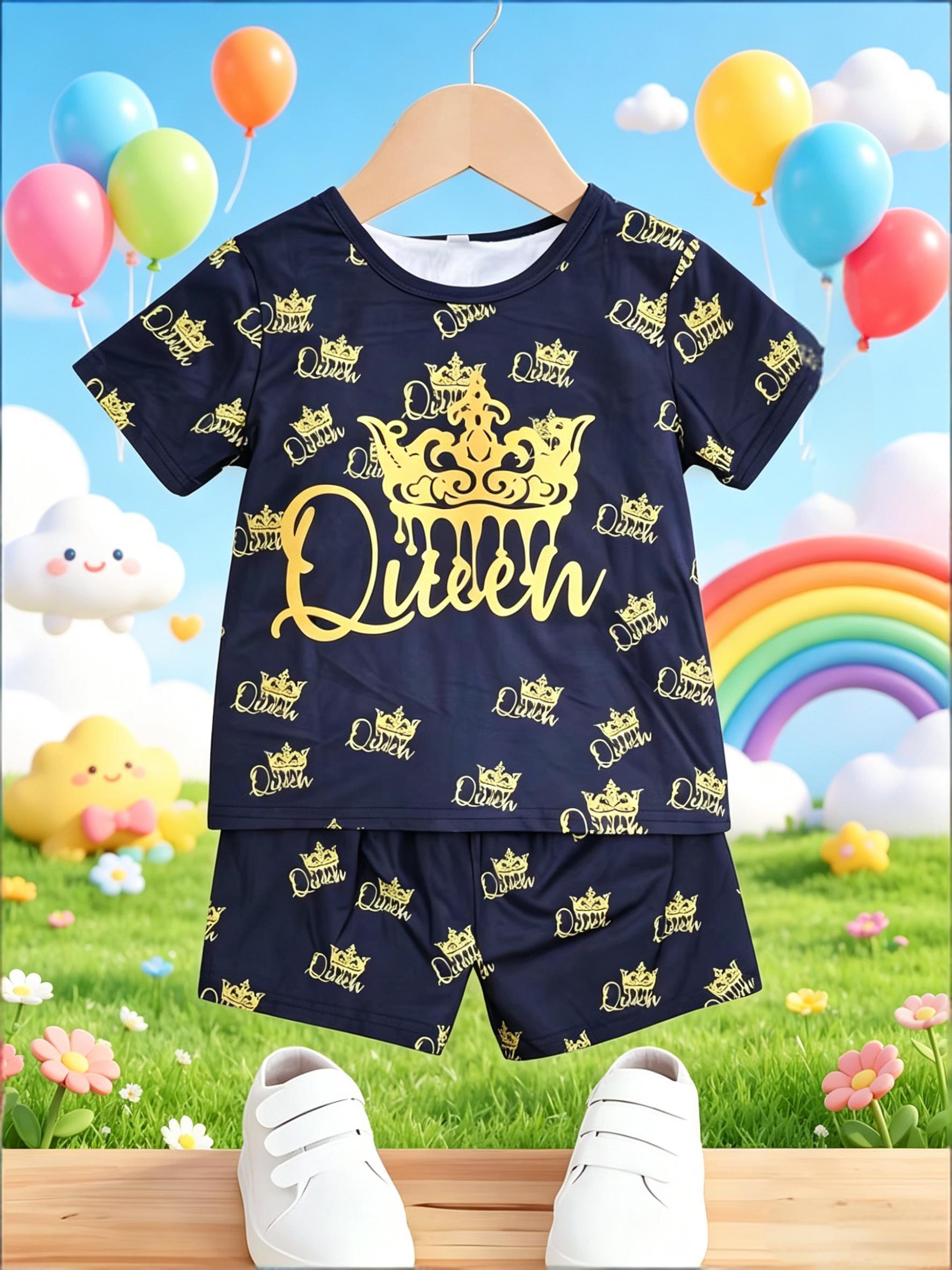 Crown Letter Print Set Boys Navy All Over Print Short Sleeve Same Print Shorts Cool Style 100