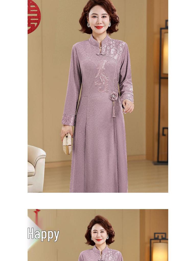 Elegant Long Qipao Wedding Dress for Mother of the Bride, Age 50+
