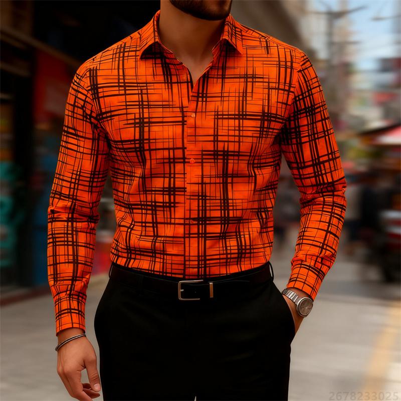 2025 New Men's Trendy Geometric Line Print Long-sleeved Shirt 18 Colors Personality Fashion Slim Lapel Casual Versatile Shirt