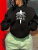 Trendy Black Pullover Hoodies for Women with a Religious Theme Print, Featuring Long Sleeves, Set To Be Popular In 2026