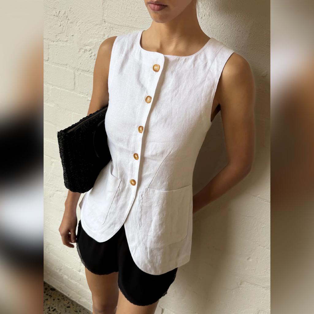 French old money style linen vest commuter waist vest sleeveless top women's summer square collar linen single-breasted vest