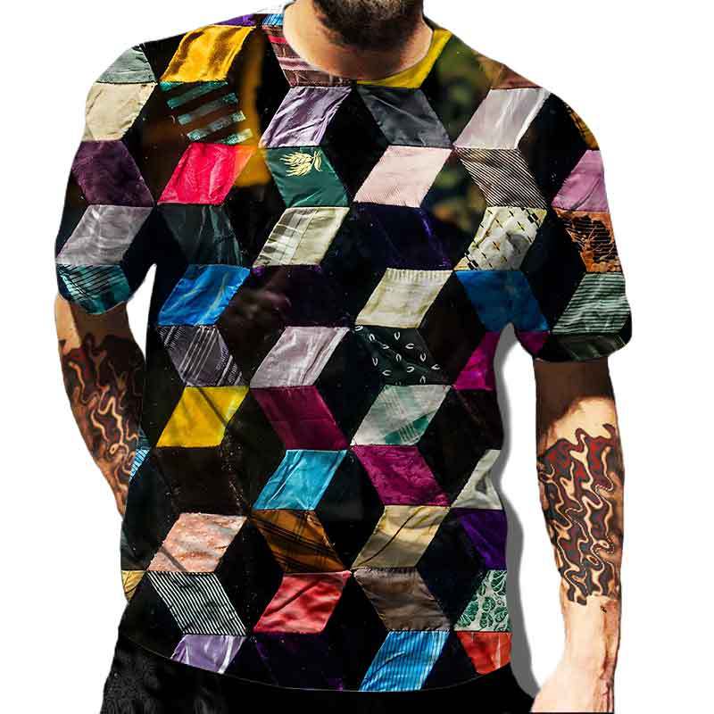 Men's Square Color Tie-Dye T-Shirt, Street Style, Casual, Fashionable, Breathable, Sporty