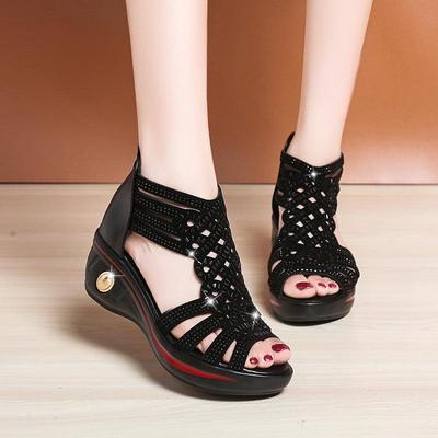 Slope Heel Sandals Women's Summer Mid Heel Fish Mouth Rhinestone Hollow Back Zipper Roman
