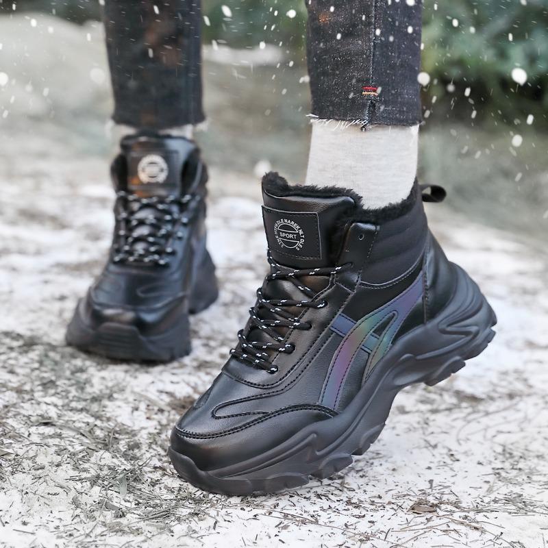 Damskie Buty Zimowe Pluszowe Grube Trampki Sznurowane Codzienne Wysokie Ciepłe Buty Botki Rozmiar 35-42 Damskie Zimowe Skórzane Buty