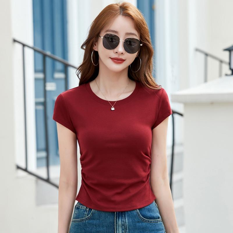Dámské bavlněné tričko s pozitivním ramenem se závitem, spodní tričko, jaro a léto, slim, tenké, přiléhavé, s krátkým rukávem