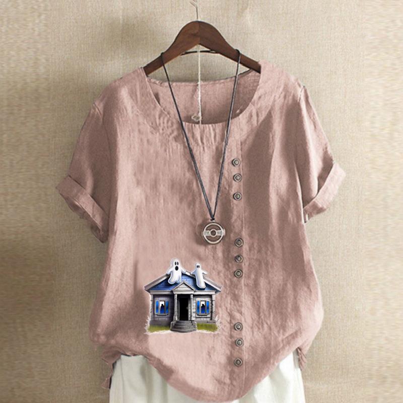 Women's Fashion Haunted House Prined Round Neck Short Sleeve T-shirt Casual Cotton Linen Graphic Shirt Leisure Loose Summer Blouse Tops