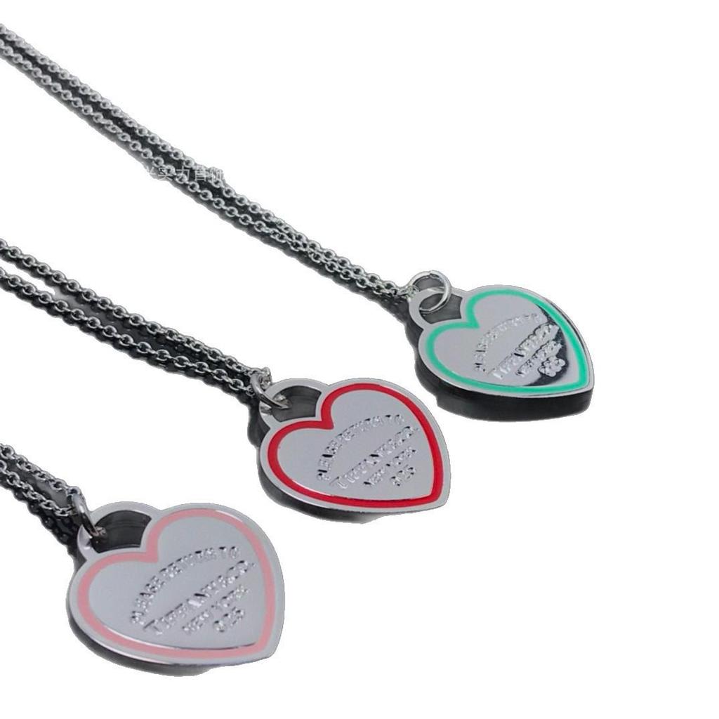 High-End T Tiga Double Heart Necklace with Blue and Pink Enamel Pendant
