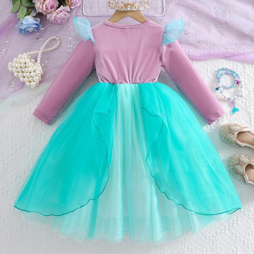 Girls' Mermaid Gem Princess Dress with Fly Sleeves - Long-Sleeved Christmas Party Attire for Autumn and Winter