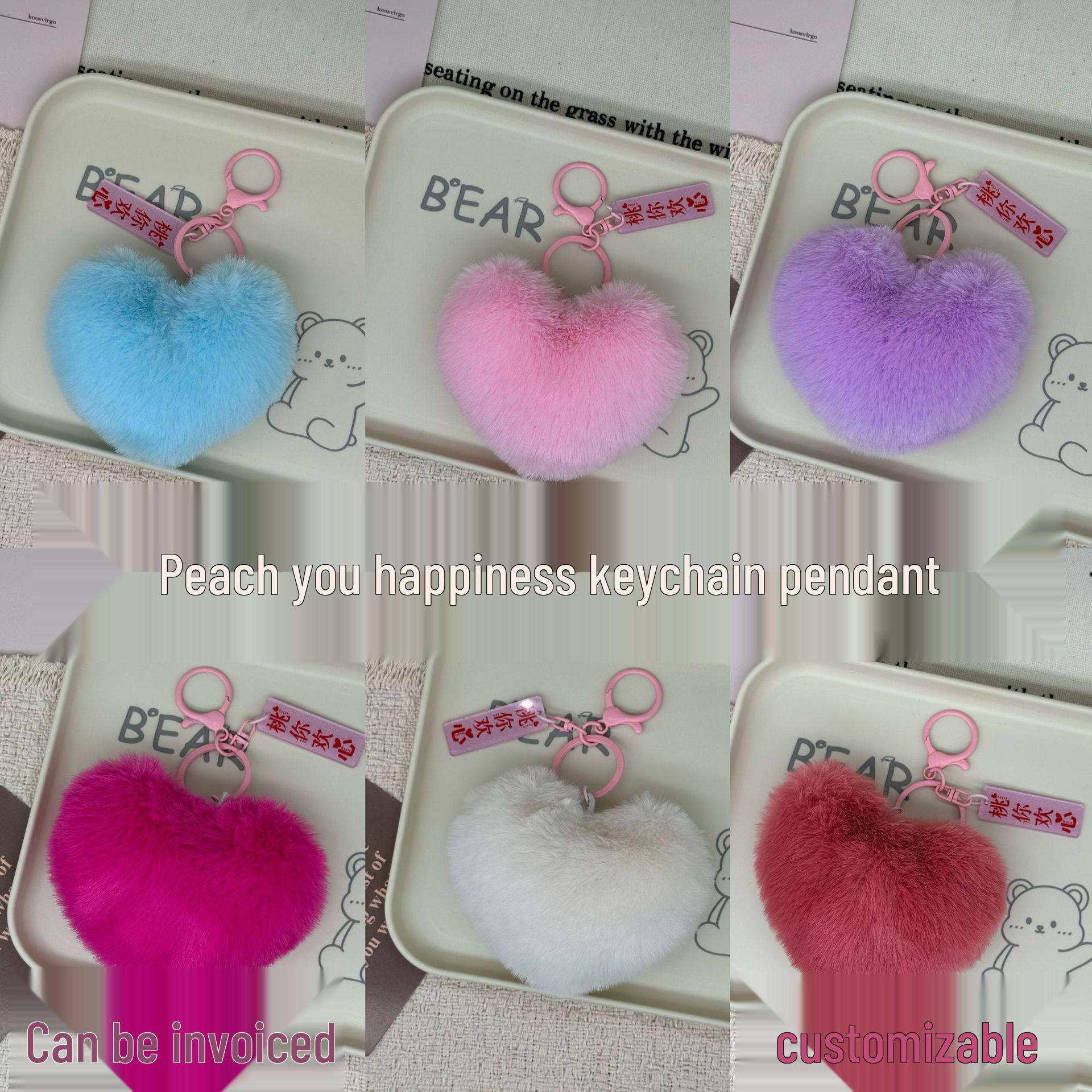 Peach Love Heart Keychain: Furry Otter Rabbit Charm for Bags & Cars