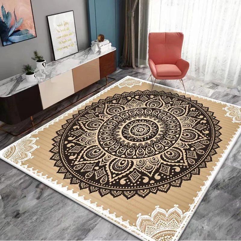 

Bohemian Mandala Carpet Black Beige Lace Border Intricate Pattern Non Slip Area Rug for Vintage Home Decor 40X60CM