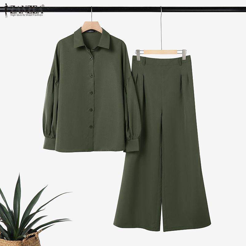 ZANZEA Women Elegant Long Sleeve Blouse and Trousers Casual Two Piece Suit Sets