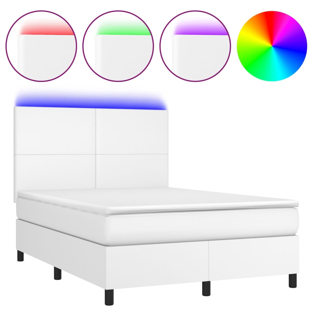 Vidaxl Łóżko Kontynentalne Z Materacem I Led, Biała Ekoskóra 140X190Cm