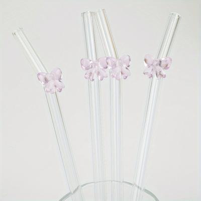 4-piece Set of Straws and Brushes, Reusable Bow Shaped Glass Straws, Holiday Beverage Decorative Straws, Durable Glass Straws