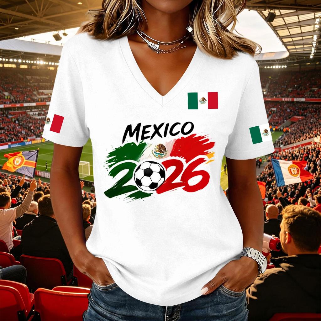 Women's Casual Short Sleeve V Neck Pullover Top Soccer Graphic Print National Flag Support Shirt for Outdoor Activities and Sports