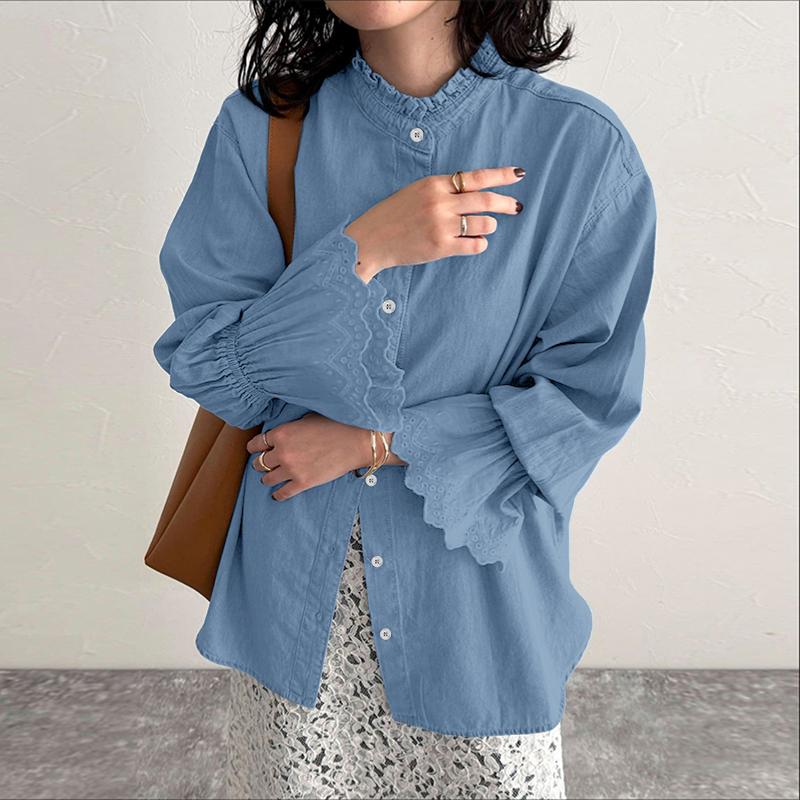ZANZEA Women Casual Round Neck Loose Crochet Splice Long Sleeve Blouse