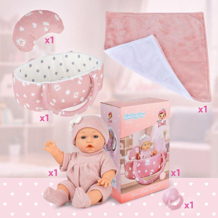 Poupée bébé 30 cm avec porte-bébé, oreiller, couette et tétine – Kinderplay (KP0662)
