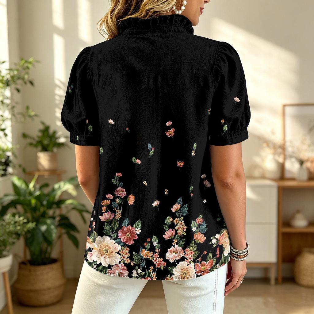 Women's Fashion Casual Ruffle V-Neck Print Blouse for Summer