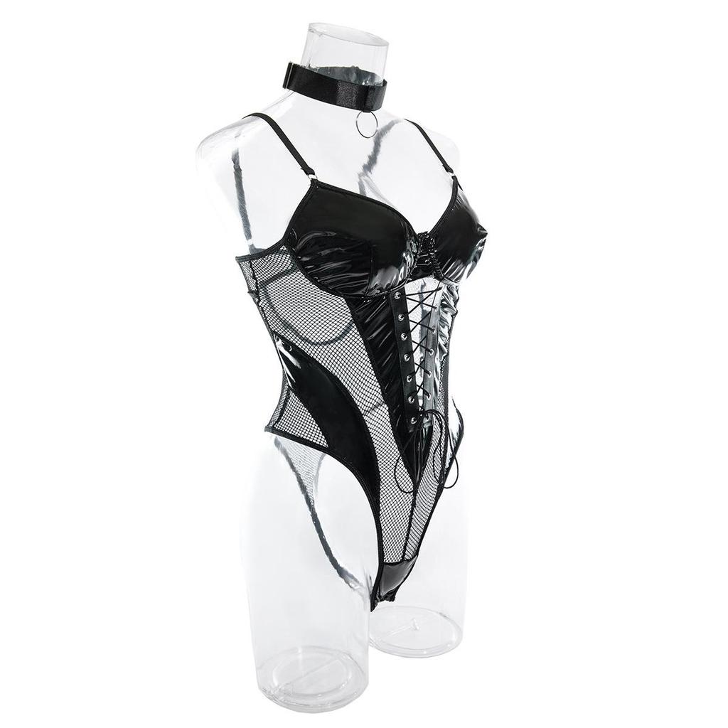 European & American Nightclub Hot Girl PU Leather Mesh Lace-up Backless Bodysuit