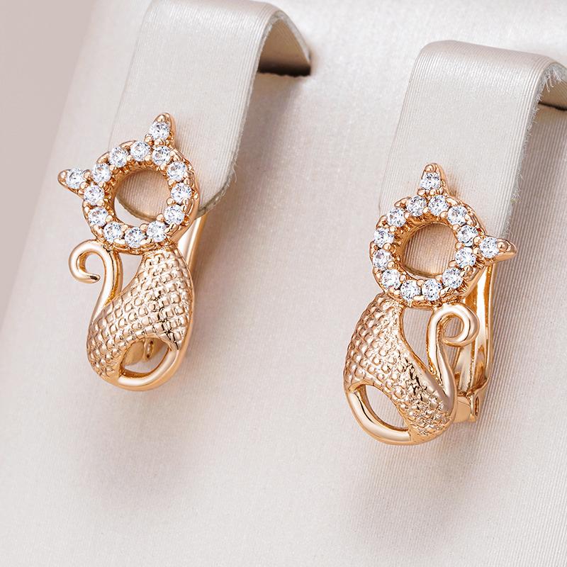 Kinel Luxury Cute Cat Earrings For Girls 585 Rose Gold Color Natural Zircon Accessories Children Baby Xmas Gifts Animal Jewelry