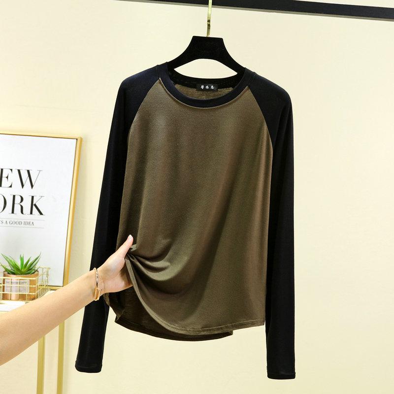 2024 Women's Black & White Color Block Raglan Long Sleeve Retro T-Shirt - Spring/Summer Loose & Slimming Base Layer