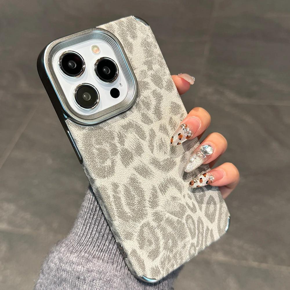 Titanium Gray Leopard Print Pattern Leather Phone Case for iPhone 16 15 14 13 12 11 Pro Max Full Shockproof Hard Bumper Cover