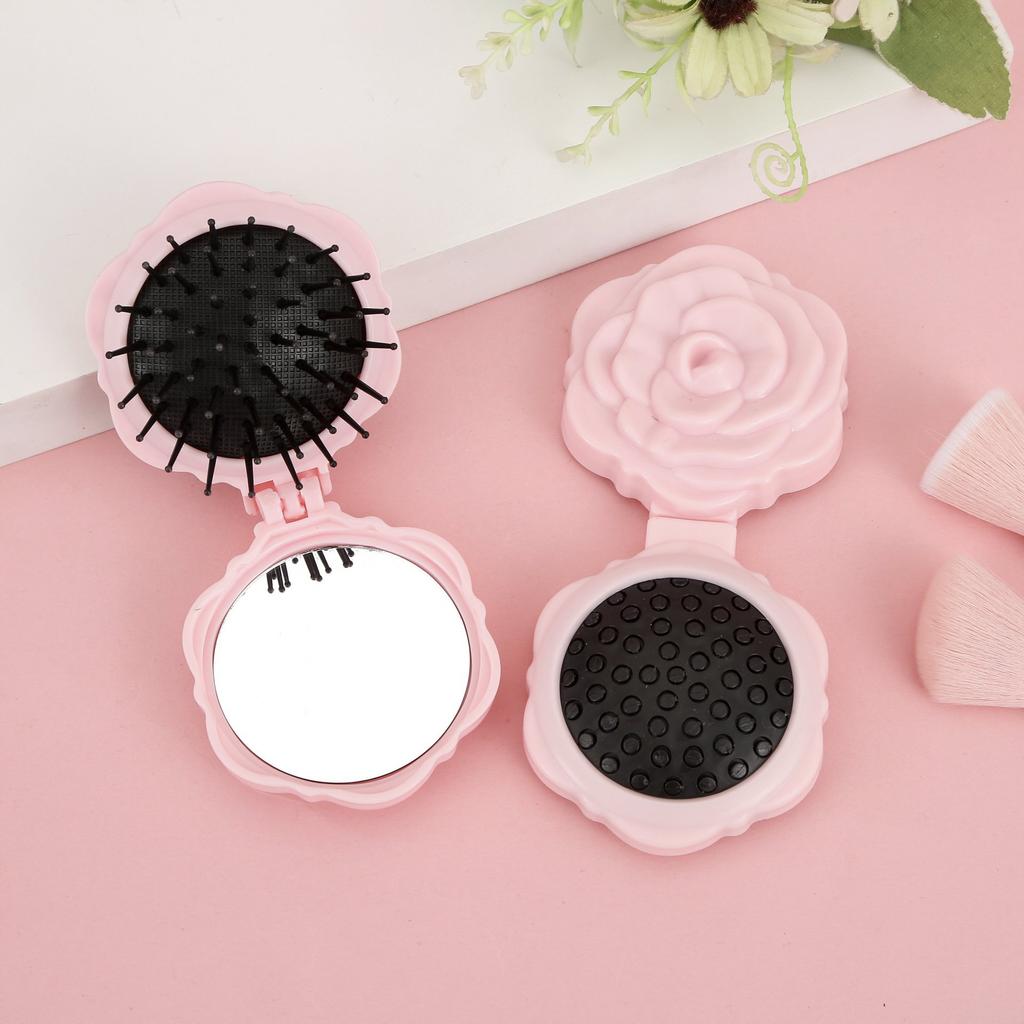 Rose Shaped 2-in-1 Makeup Mirror Air Cushion Comb Portable Mini Massage Comb Hair Brush with Mirror Travel Beatuty Mirrors