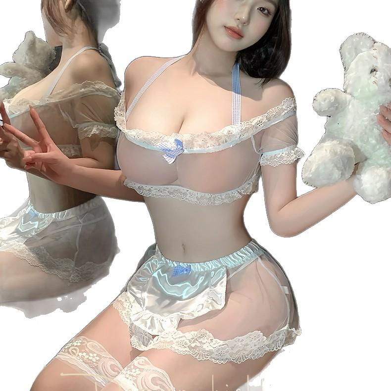 Sexy neck see-through split maid outfit set sweet cute soft girl theme sexy underwear