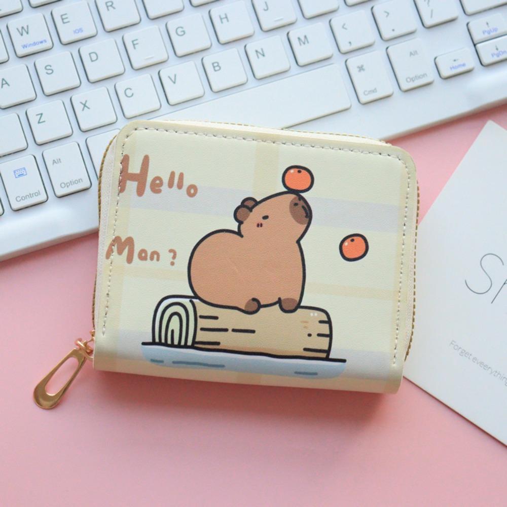 Cute Cartoon Capybara Short Wallet PU Leather Zipper Coin Purse Multi Slot Credit Card Holder Waterproof Storage Bag Key Bag