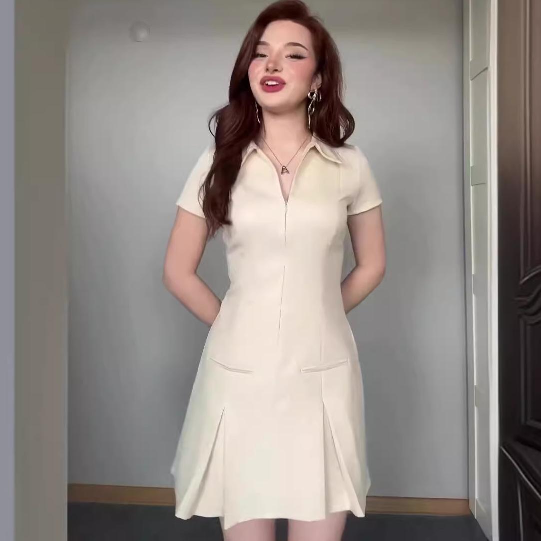 

2024 European & American Women s Solid Color Lapel Waist-Cinching Slim A-line Casual Dress Extra Large абрикосовый