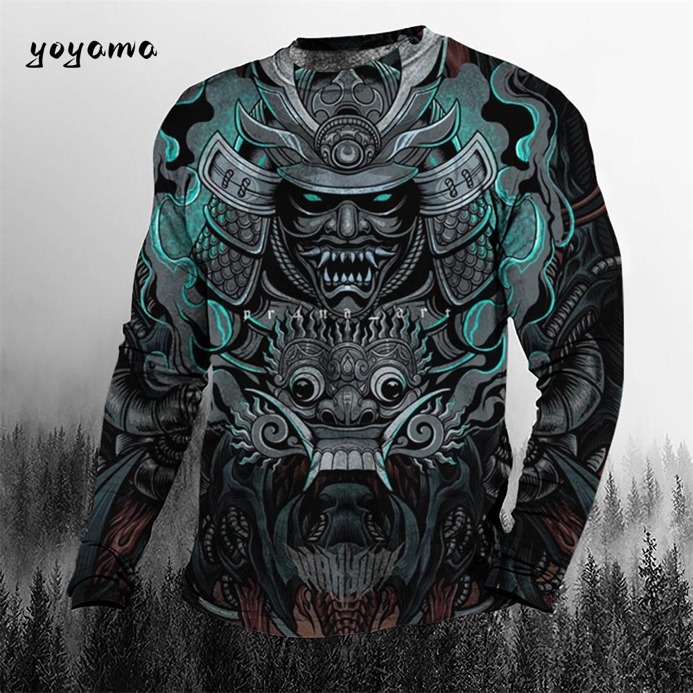 Rundhals 3D Japanischer Samurai-Druck Lässige Langarm-Herren-T-Shirts - Weicher, mittelelastischer Polyesterstoff Frühling und Herbst Relaxed Fit Kleidung