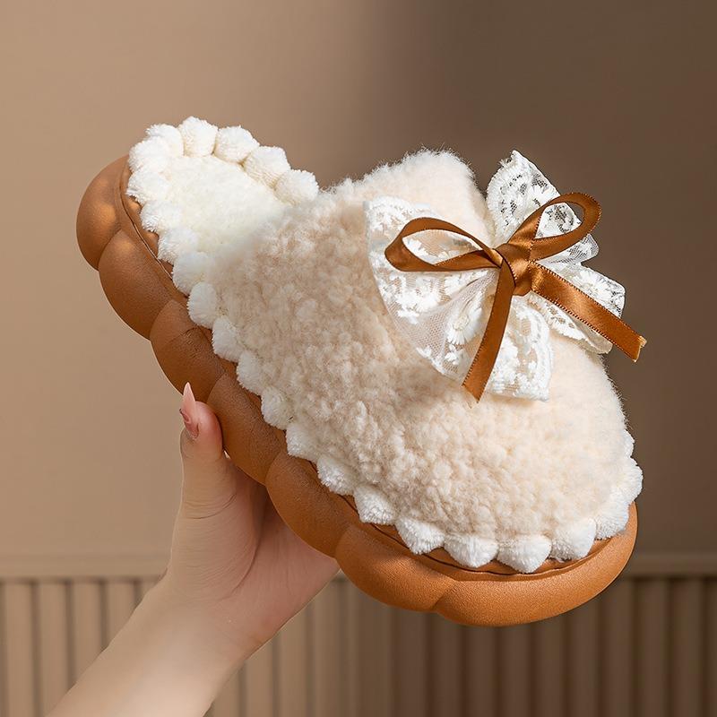 Bow cotton slippers women's autumn and winter indoor home thick bottom non-slip warm advanced hair plush confinement cotton mop