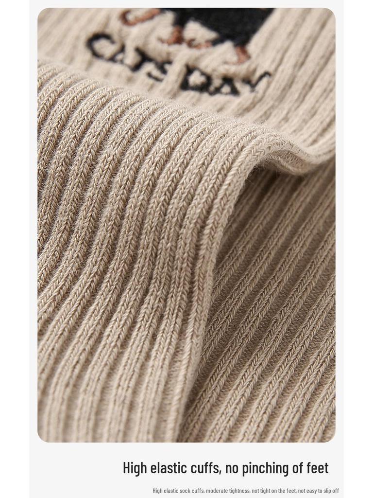 Renaissance Women's College Style Mid-Calf Socks, Solid Color with Panda Embroidery, Thin and Breathable for Spring and Autumn