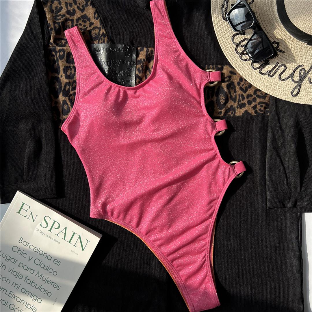

Блестящий цельный купальник с вырезами, женский купальник, женский купальный костюм с высоким вырезом, купальный костюм для плавания L розовый