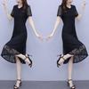 Women's Summer Short Sleeve Hollow Out Lace Dress Slim Round Neck A-Line Mid-calf Dresses